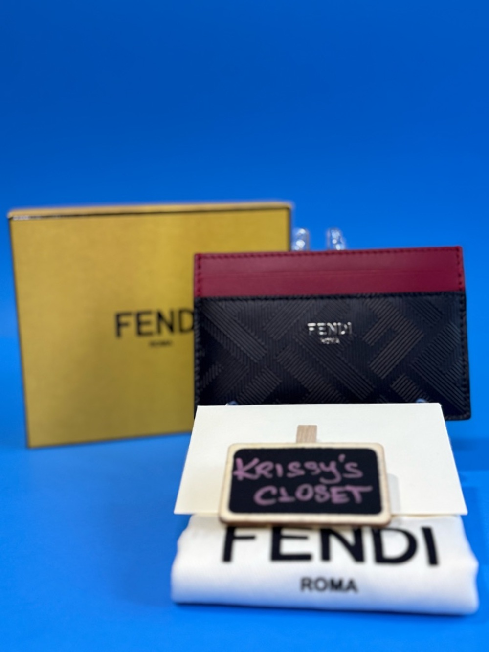 New in Box Fendi Roma Colorblock Black and Burgundy Slim Card Holder